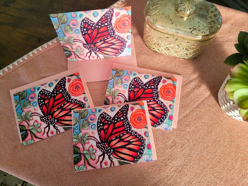 Set Of 4 A2 Taking Flight Monarch Art Blank Note Cards with Matching Envelopes